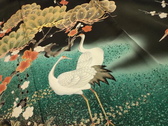 平和屋着物■谷崎潤一郎の世界　黒留袖　駒刺繍　松竹梅群れ鶴文　暈し染め　金銀彩　正絹　逸品　AABL4796sx