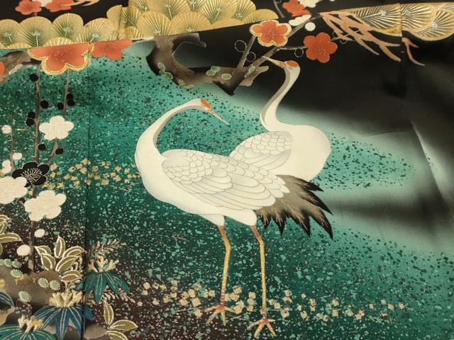 平和屋着物■谷崎潤一郎の世界　黒留袖　駒刺繍　松竹梅群れ鶴文　暈し染め　金銀彩　正絹　逸品　AABL4796sx