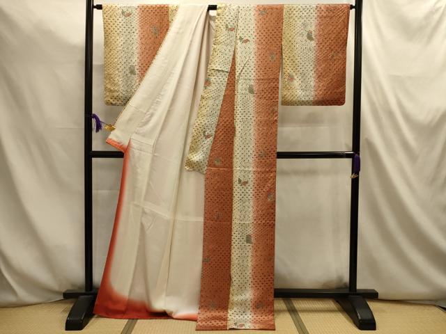 平和屋着物■上質な小紋　絞り　花鳥舞蝶文　暈し染め　銀彩　ロング丈　正絹　逸品　AABL4797sx