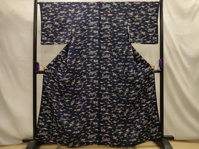 平和屋着物■上質な小紋　型染め　飛鶴風景文　鬼しぼ縮緬　正絹　逸品　AABL4806sx