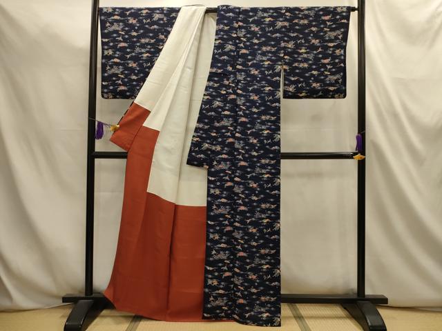 平和屋着物■上質な小紋　型染め　飛鶴風景文　鬼しぼ縮緬　正絹　逸品　AABL4806sx
