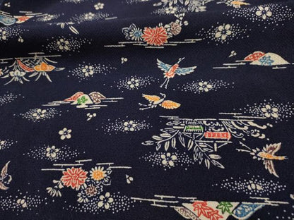 平和屋着物■上質な小紋　型染め　飛鶴風景文　鬼しぼ縮緬　正絹　逸品　AABL4806sx
