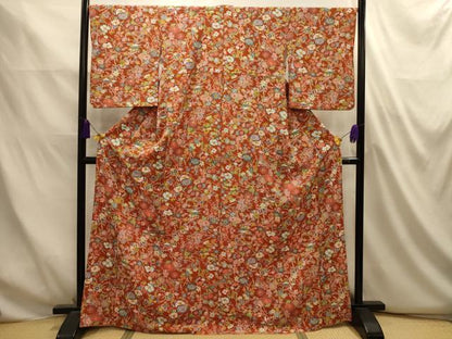 平和屋着物■上質な小紋　型染め　草花文　鬼しぼ縮緬　正絹　逸品　AABL4883sx