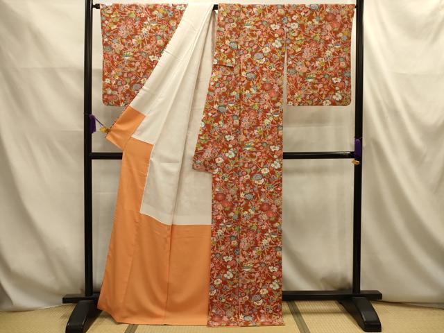 平和屋着物■上質な小紋　型染め　草花文　鬼しぼ縮緬　正絹　逸品　AABL4883sx
