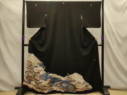 平和屋着物■豪華黒留袖　駒刺繍　風景文　金彩　正絹　逸品　AABL4900sx