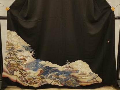 平和屋着物■豪華黒留袖　駒刺繍　風景文　金彩　正絹　逸品　AABL4900sx