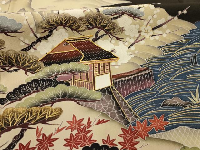 平和屋着物■豪華黒留袖　駒刺繍　風景文　金彩　正絹　逸品　AABL4900sx