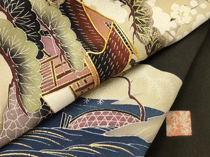 平和屋着物■豪華黒留袖　駒刺繍　風景文　金彩　正絹　逸品　AABL4900sx