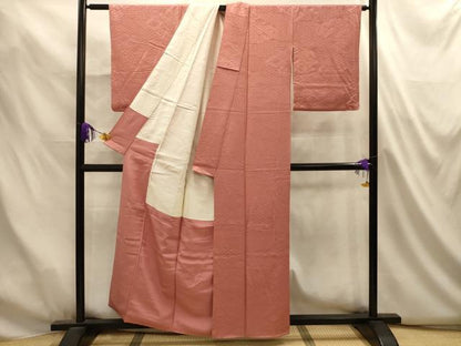 平和屋着物■上質な色無地　道長吉祥花鳥地紋　洗朱色　正絹　逸品　AABL4914sx