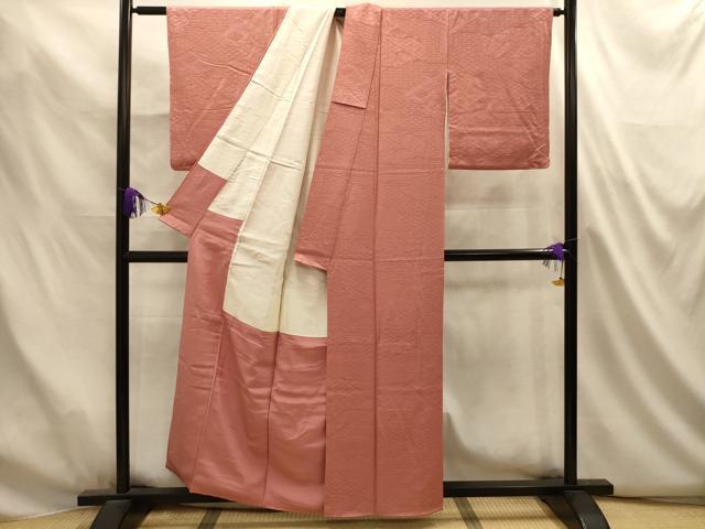 平和屋着物■上質な色無地　道長吉祥花鳥地紋　洗朱色　正絹　逸品　AABL4914sx