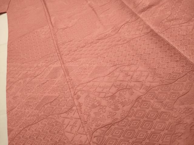 平和屋着物■上質な色無地　道長吉祥花鳥地紋　洗朱色　正絹　逸品　AABL4914sx