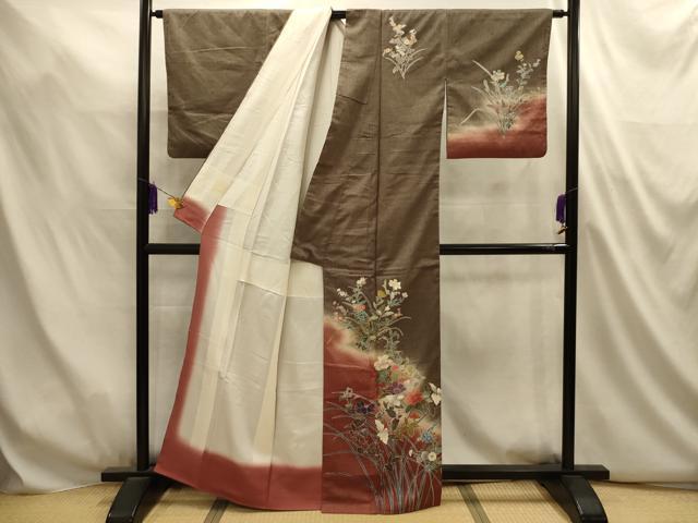 平和屋着物■訪問着　友禅　作家物　紬地　枝花文　暈し染め　金彩　正絹　逸品　AABL4933sx