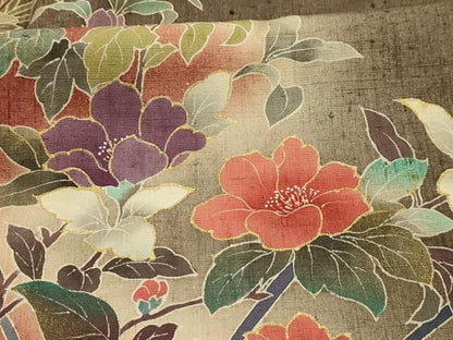 平和屋着物■訪問着　友禅　作家物　紬地　枝花文　暈し染め　金彩　正絹　逸品　AABL4933sx
