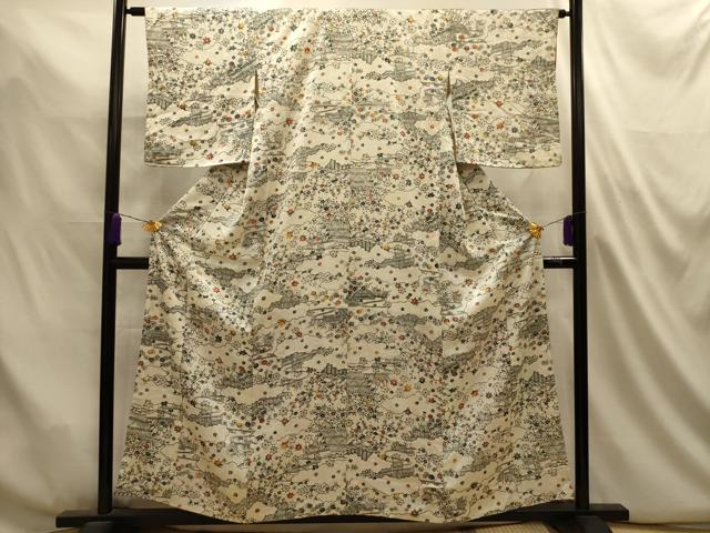 平和屋着物■上質な小紋　型染め　流水花風景文　正絹　逸品　AABL4934sx