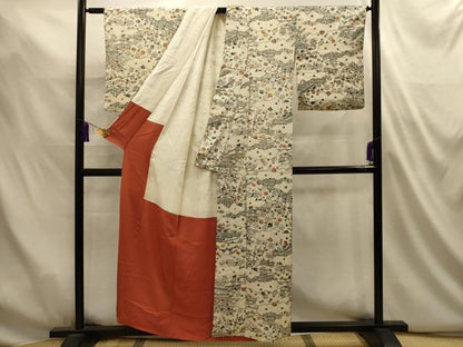 平和屋着物■上質な小紋　型染め　流水花風景文　正絹　逸品　AABL4934sx