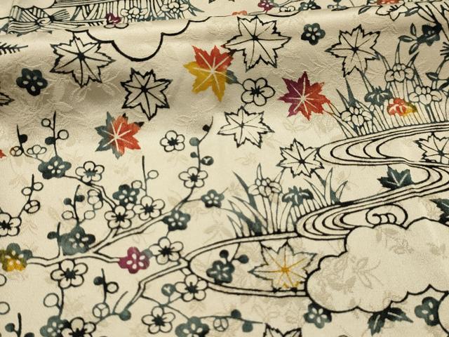 平和屋着物■上質な小紋　型染め　流水花風景文　正絹　逸品　AABL4934sx