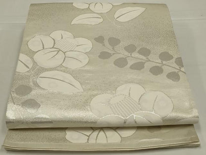 平和屋着物◎六通柄袋帯　椿　銀糸　正絹　逸品　AABL5007ou