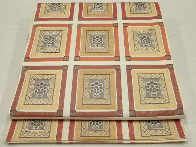 平和屋着物◎六通柄袋帯　格子花文　金糸　正絹　逸品　AABL5018ou