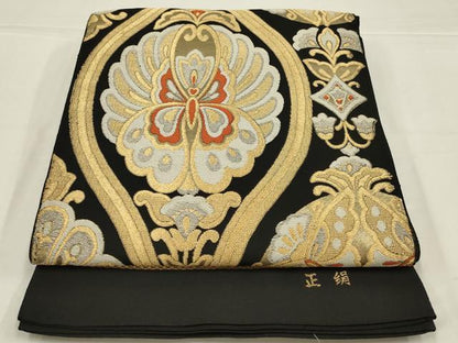 平和屋着物◎六通柄　本袋帯　立涌花蝶文　黒地　金銀糸　正絹　逸品　AABL5020ou