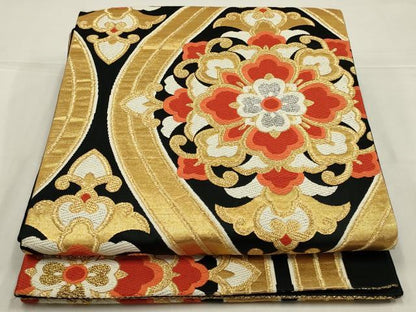 平和屋着物◎六通柄袋帯　唐織　立涌花文　黒地　金銀糸　正絹　逸品　AABL5021ou