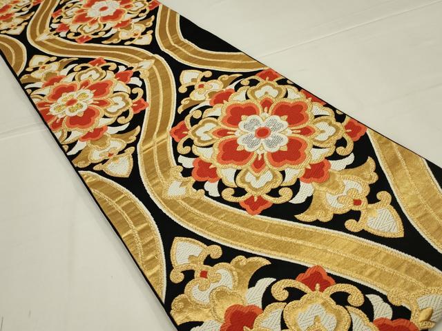 平和屋着物◎六通柄袋帯　唐織　立涌花文　黒地　金銀糸　正絹　逸品　AABL5021ou