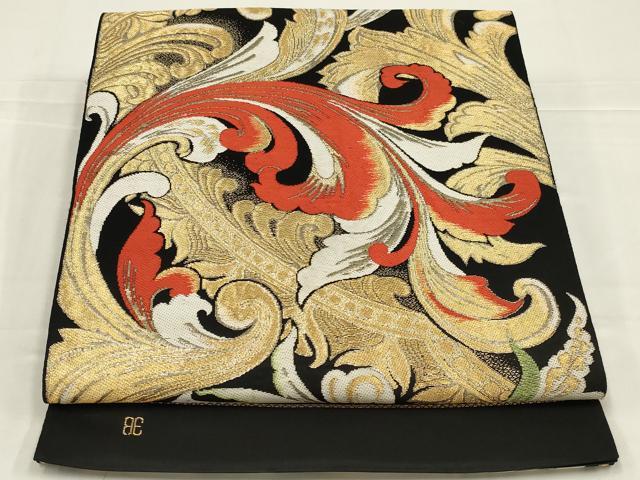 平和屋着物◎西陣　六通柄　本袋帯　花唐草文　黒地　金糸　証紙付き　正絹　逸品　AABL5022ou
