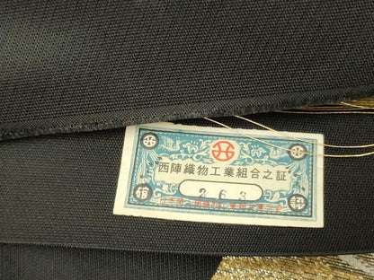 平和屋着物◎西陣　六通柄　本袋帯　花唐草文　黒地　金糸　証紙付き　正絹　逸品　AABL5022ou
