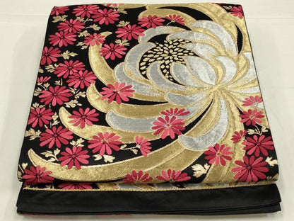 平和屋着物◎六通柄袋帯　唐織　乱菊　黒地　金銀糸　正絹　逸品　AABL5023ou