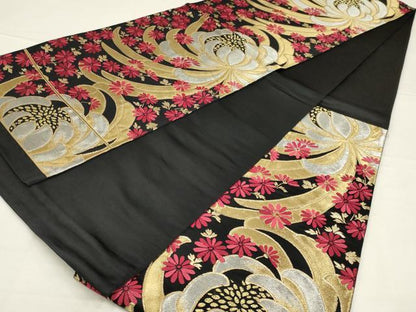 平和屋着物◎六通柄袋帯　唐織　乱菊　黒地　金銀糸　正絹　逸品　AABL5023ou