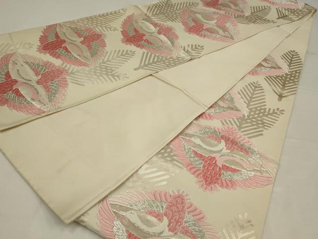 平和屋着物◎六通柄袋帯　唐織　双鶴文　銀糸　正絹　逸品　AABL5027ou