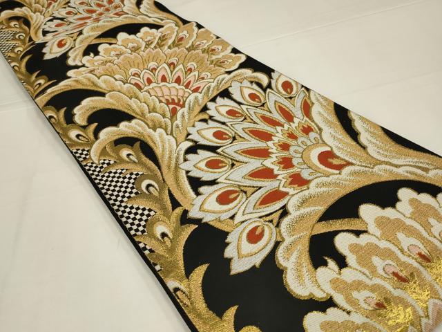 平和屋着物◎六通柄袋帯　更紗花文　黒地　金銀糸　正絹　逸品　AABL5029ou