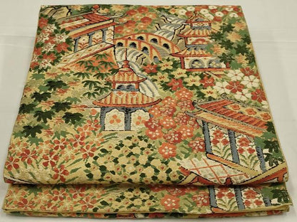 平和屋着物◎六通柄　本袋帯　風景文　金糸　正絹　逸品　AABL5031ou