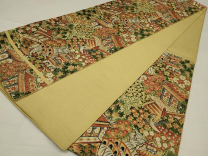平和屋着物◎六通柄　本袋帯　風景文　金糸　正絹　逸品　AABL5031ou