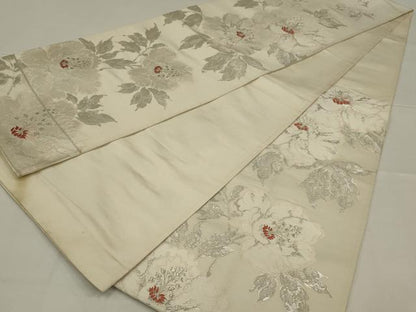 平和屋着物◎六通柄袋帯　唐織　枝牡丹　銀糸　正絹　逸品　AABL5034ou