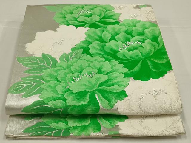 平和屋着物◎六通柄袋帯　唐織　牡丹　銀糸　正絹　逸品　AABL5035ou