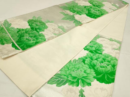 平和屋着物◎六通柄袋帯　唐織　牡丹　銀糸　正絹　逸品　AABL5035ou