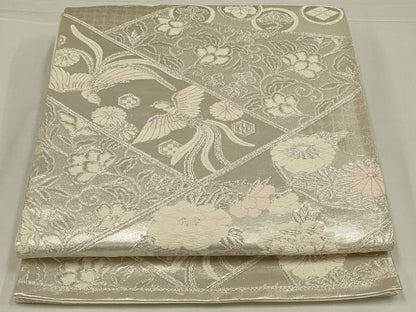 平和屋着物◎六通柄袋帯　切嵌花鳥文　銀糸　正絹　逸品　未使用　AABL5037ou