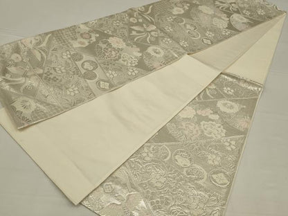 平和屋着物◎六通柄袋帯　切嵌花鳥文　銀糸　正絹　逸品　未使用　AABL5037ou