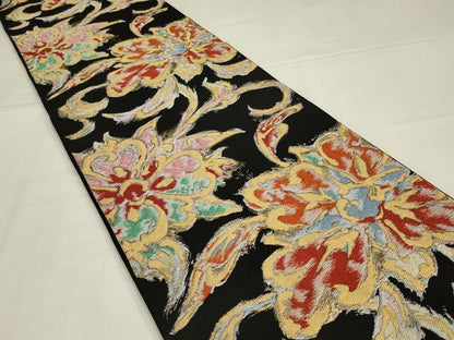 平和屋着物◎六通柄袋帯　草花文　黒地　金糸　正絹　逸品　AABL5046ou