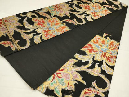 平和屋着物◎六通柄袋帯　草花文　黒地　金糸　正絹　逸品　AABL5046ou