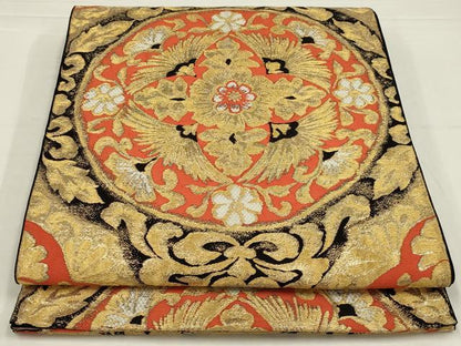 平和屋着物◎六通柄　本袋帯　花丸文　黒地　金糸　正絹　逸品　AABL5047ou