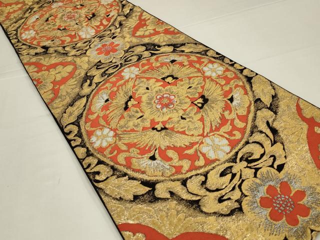 平和屋着物◎六通柄　本袋帯　花丸文　黒地　金糸　正絹　逸品　AABL5047ou