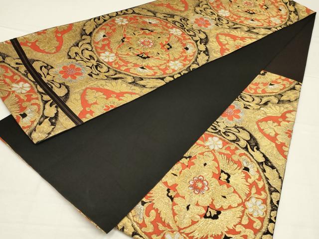 平和屋着物◎六通柄　本袋帯　花丸文　黒地　金糸　正絹　逸品　AABL5047ou