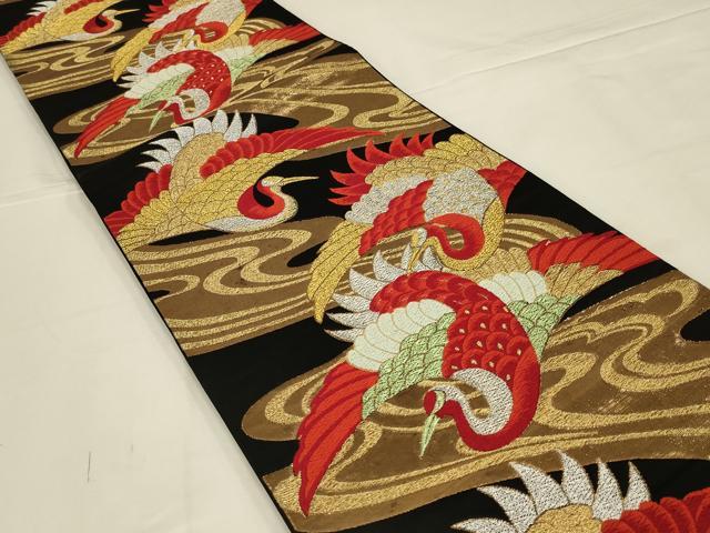 平和屋着物◎六通柄袋帯　唐織　流水飛鶴文　黒地　金銀糸　正絹　逸品　AABL5048ou