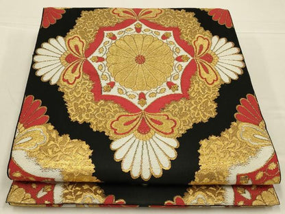 平和屋着物◎六通柄　京袋帯　唐織　飾花文　黒地　金糸　AABL5052ou
