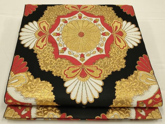 平和屋着物◎六通柄　京袋帯　唐織　飾花文　黒地　金糸　AABL5052ou