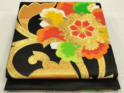 平和屋着物◎六通柄袋帯　花唐草文　黒地　金糸　正絹　逸品　AABL5054ou