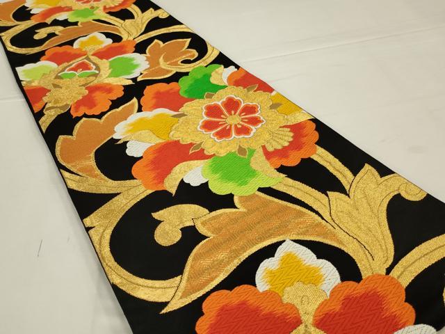 平和屋着物◎六通柄袋帯　花唐草文　黒地　金糸　正絹　逸品　AABL5054ou
