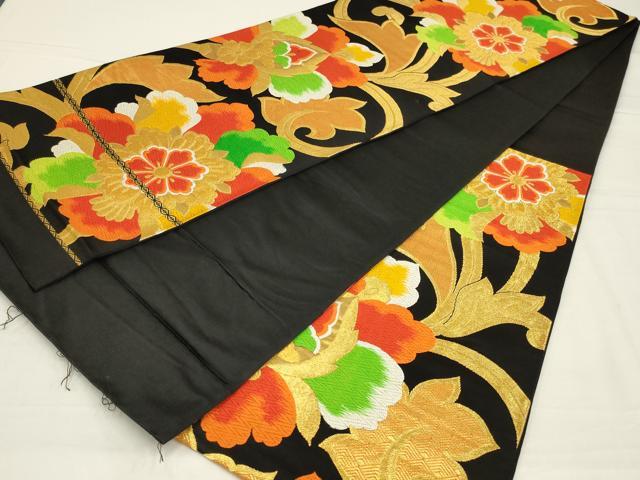 平和屋着物◎六通柄袋帯　花唐草文　黒地　金糸　正絹　逸品　AABL5054ou
