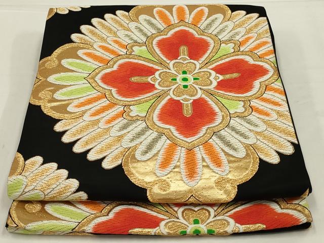 平和屋着物◎六通柄袋帯　唐織　舞花文　黒地　金糸　正絹　逸品　AABL5055ou